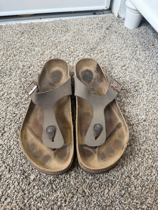 Birkenstock Shoes - Birkenstock Taupe Thong Sandals with Rose Gold Buckles